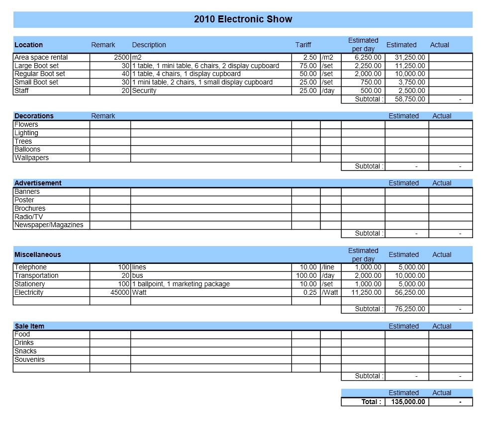 event budget excel template