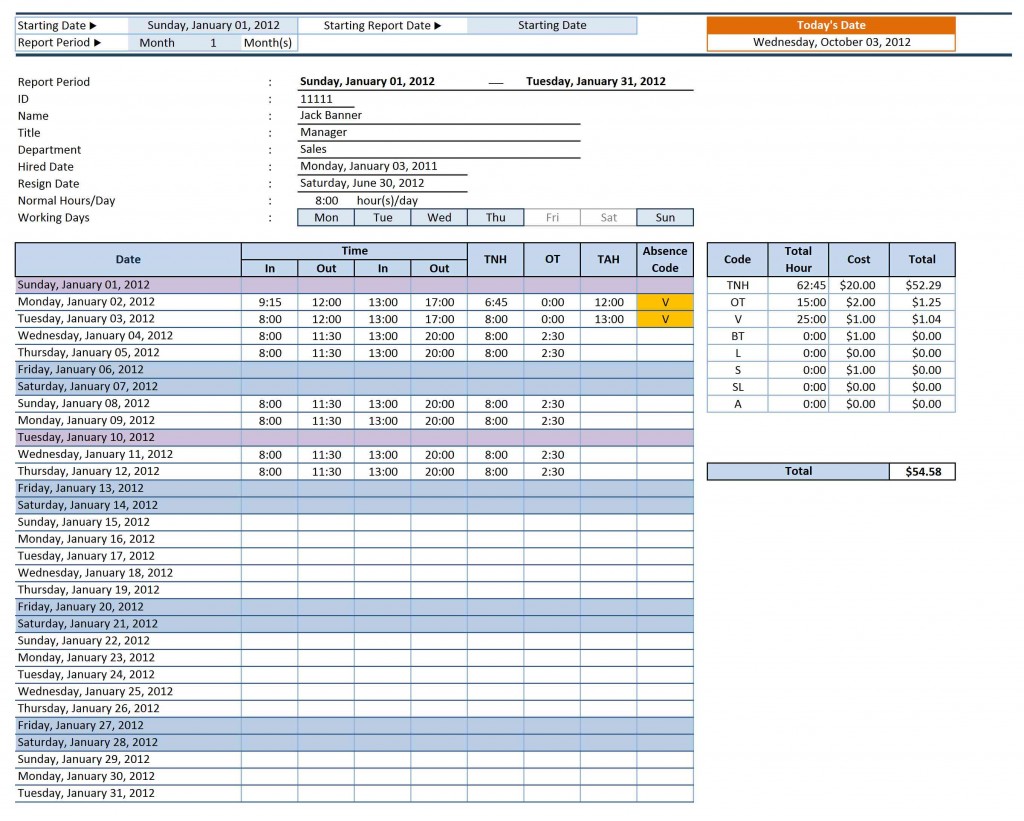 clock in clock out excel template