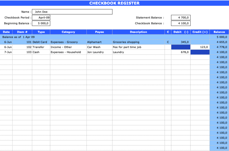 Checkbook Register Main View
