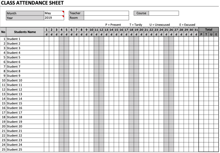 Class Attendance Sheet Chart