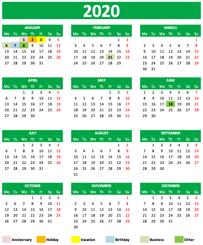 Daily Monthly Yearly Calendar Template Green Year