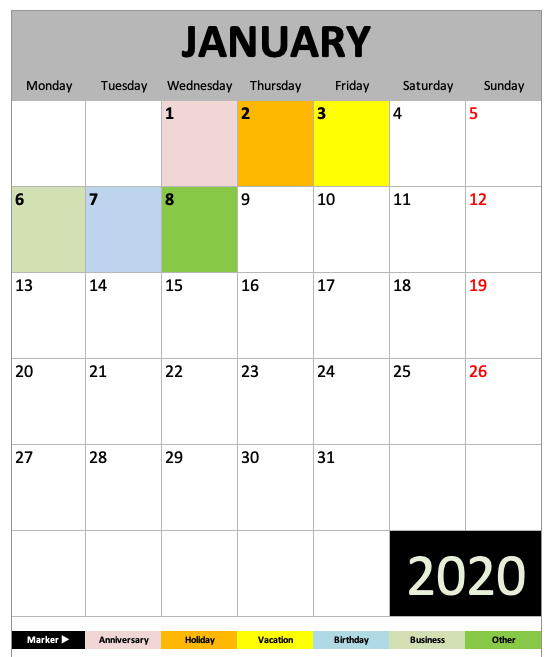 Daily Monthly Yearly Calendar Template January View