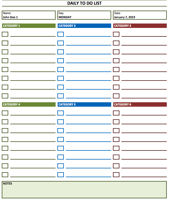 Daily To Do List Template categorized