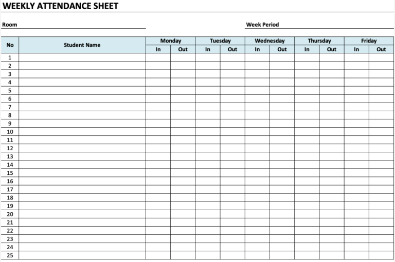 Daycare Attendance Sheet 5 Days Landscape