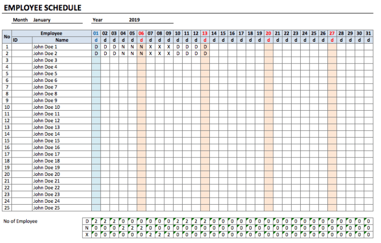Employee Schedule Template monthly