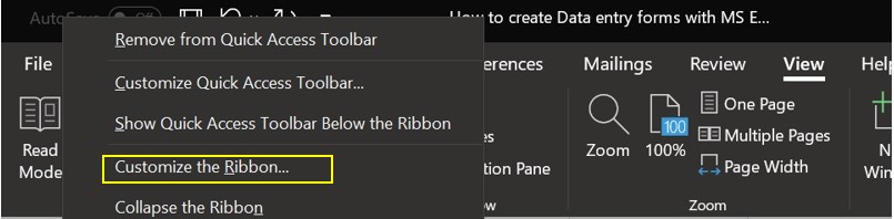 Excel Data Entry Form Customize Ribbon