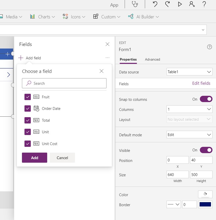 Excel Data Entry Form MS Power Apps Adding Fields