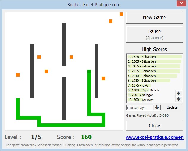 Excel version of the game snake by Excel Pratique Excel version of the game snake by Excel Pratique