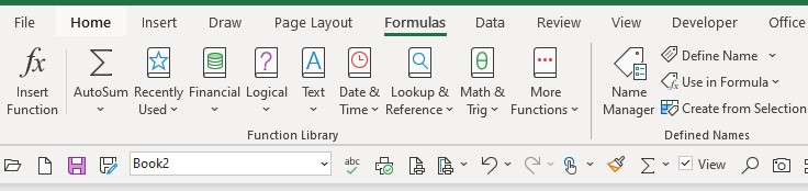 Excel toolbar with named manager