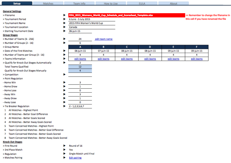 FIFA 2015 Womens World Cup Schedule and Scoresheet Template setup