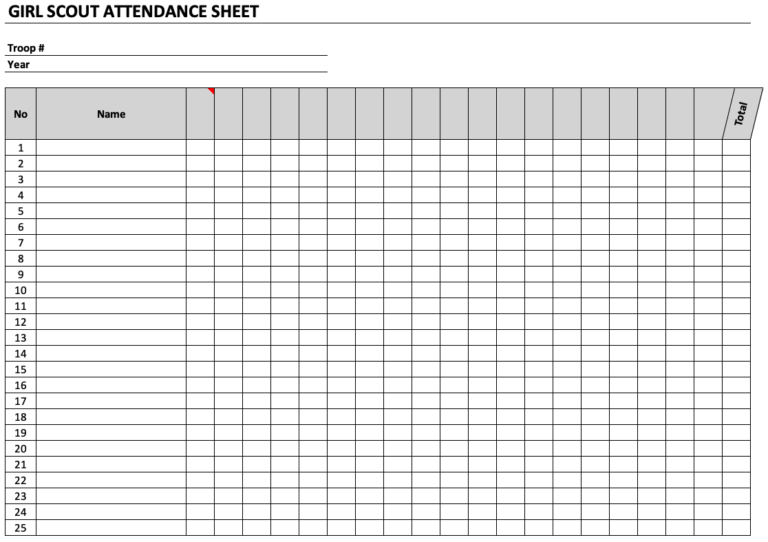 Girl Scout Attendance Sheet Landscape