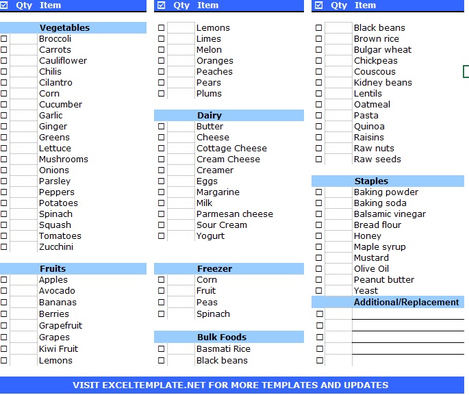 Grocery List Template Select Worksheet
