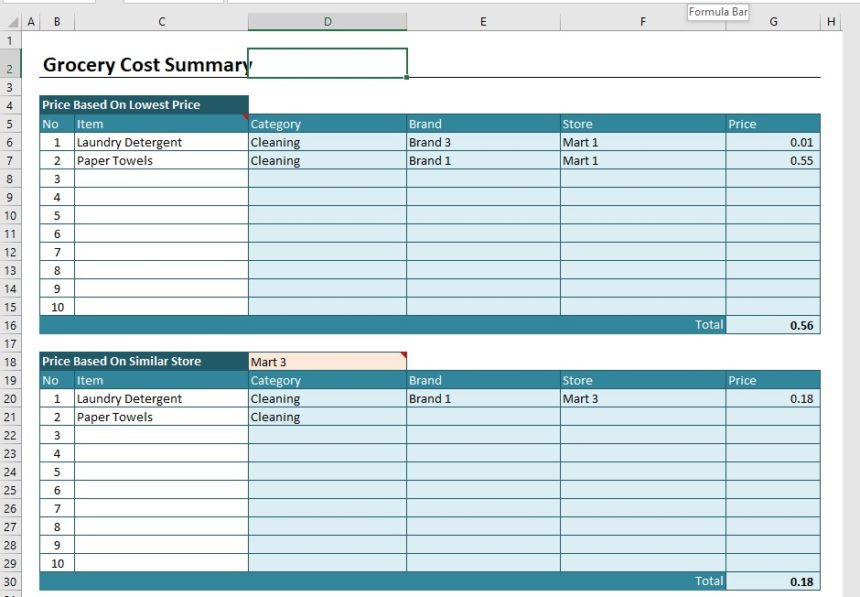 Grocery Price Comparison Spreadsheet Cost Summary