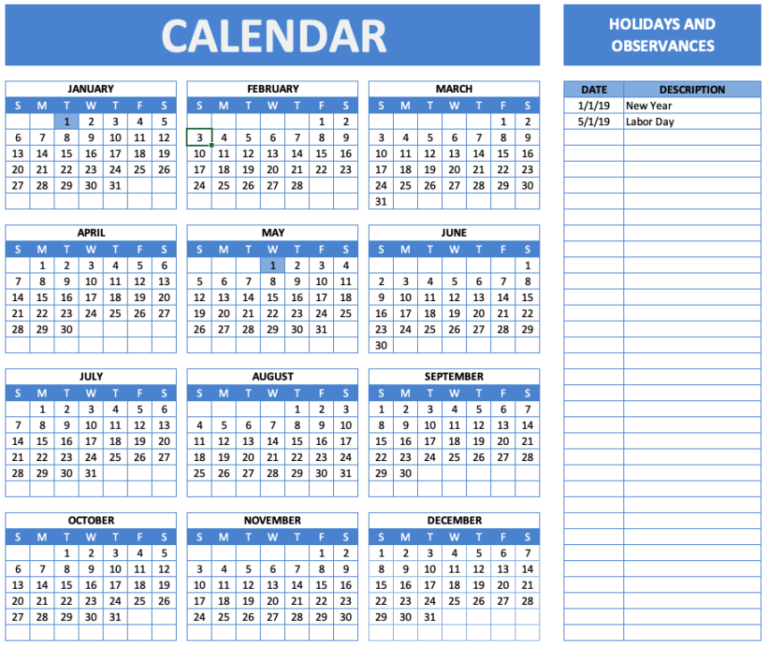 Holiday and Observance Calendar Blue