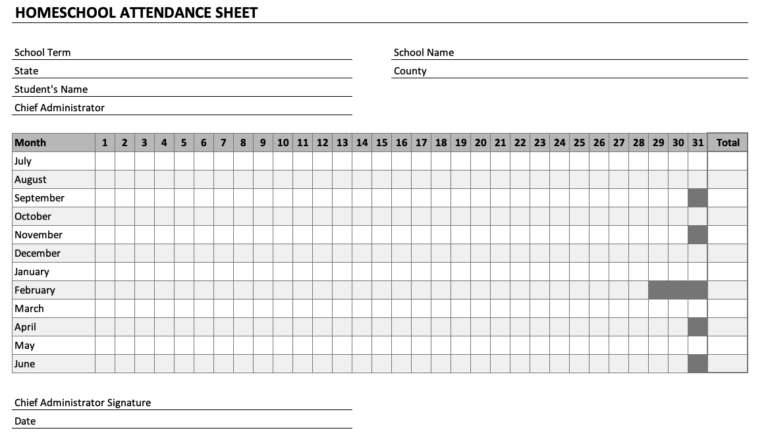 Homeschool Attendance Sheet Chart