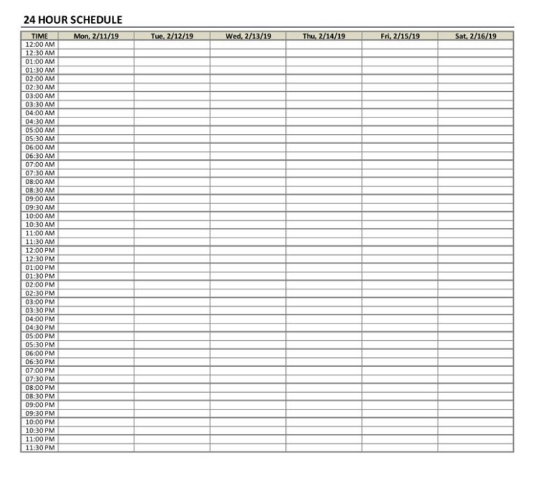 Hourly Schedule Template in 15/30 Minute Intervals