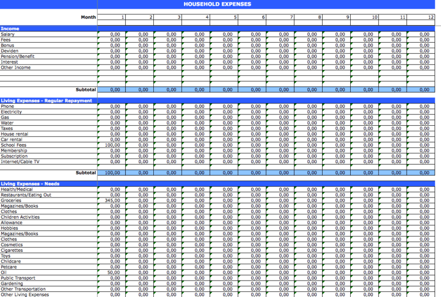 Household Expenses Calculator monthly
