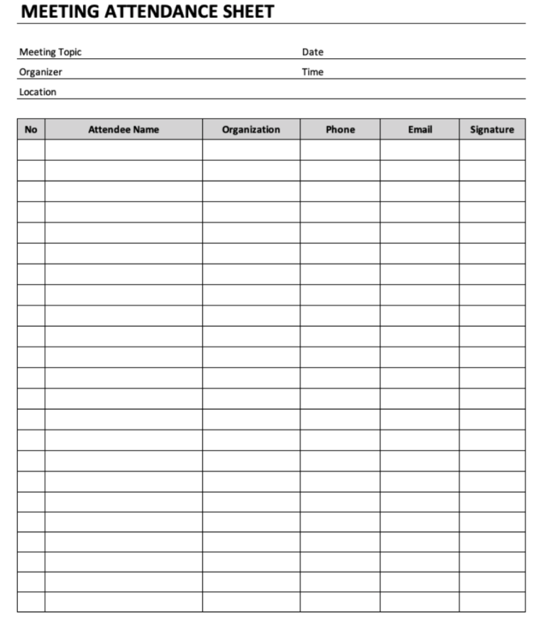 Meeting Attendance Sheet 6 Columns