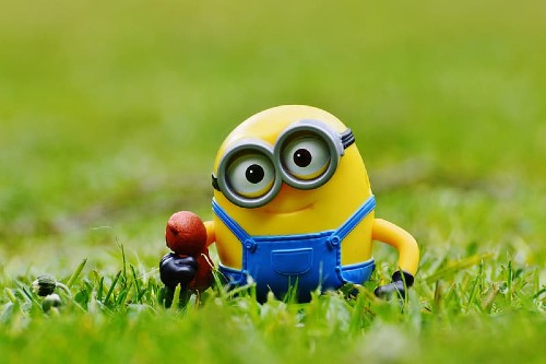Minion toy stood in the grass with head tilted Minion toy stood in the grass with head tilted
