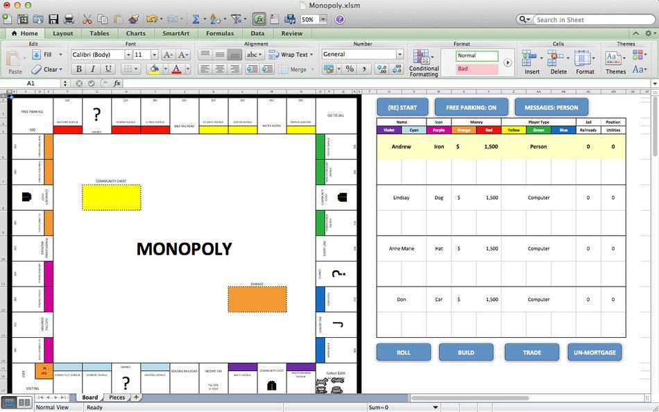 Monopoly Excel Monopoly Board made on excel by Andrew Werner