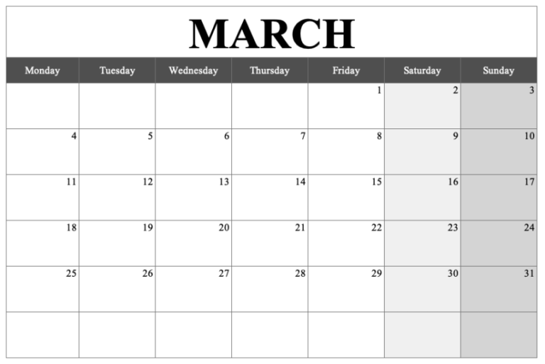 Monthly Calendar Template Landscape March