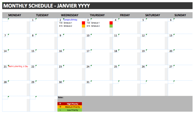 Monthly Schedule Template