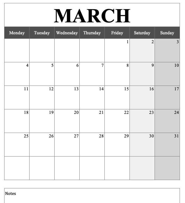 Portrait Calendar March