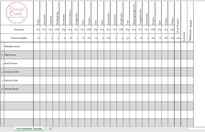 Printable Gradebook Student Names