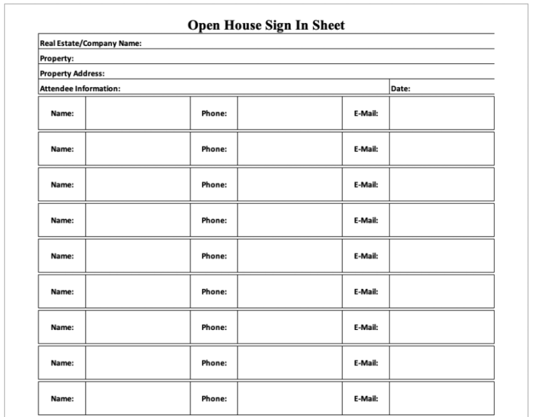 Real Estate Sign In Sheet Portrait