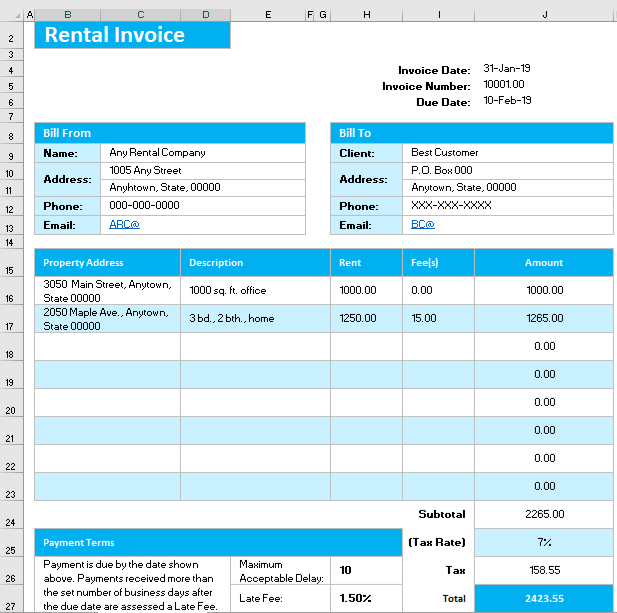 Rental Invoice Example