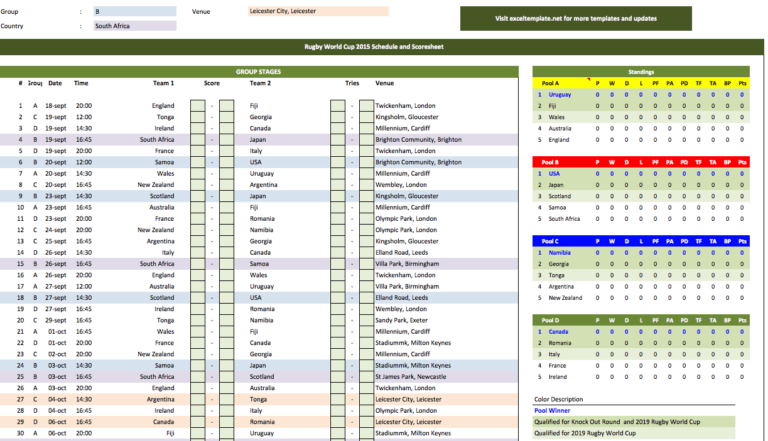 Rugby World Cup Schedule and Scoresheet tournament