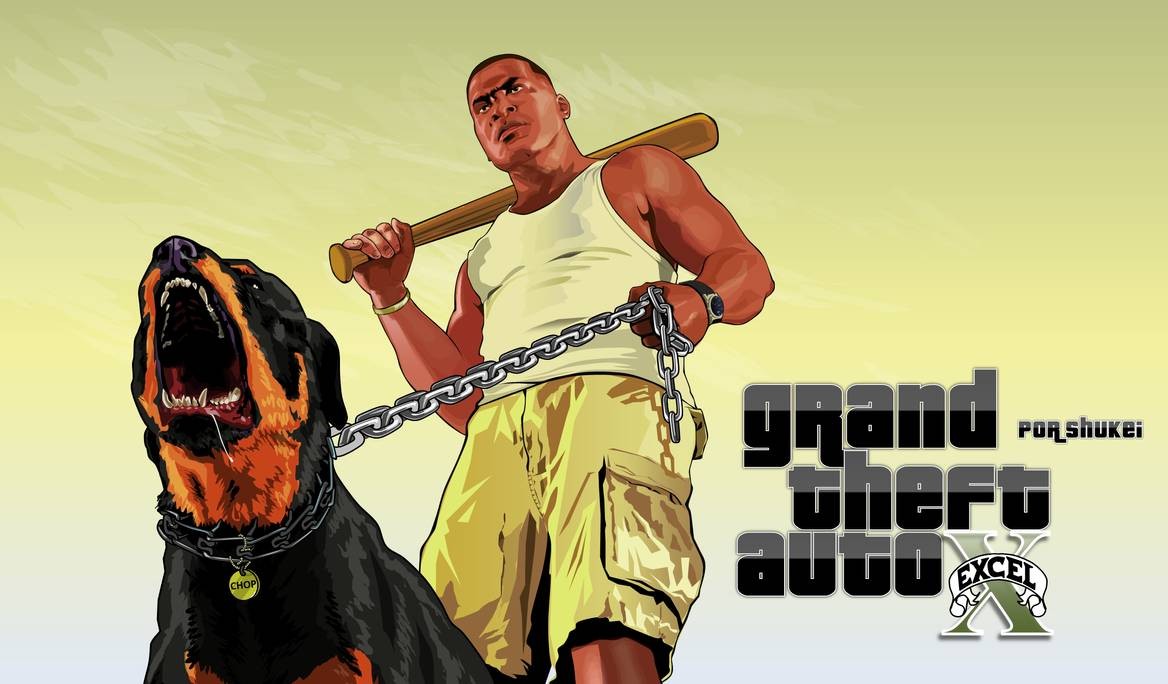Grant theft Auto's Franklin holding his dog 'Chop' on a leash with Grandtheft auto - Excel text. Drawn with vectors on Excel Grant theft Auto's Franklin holding his dog 'Chop' on a leash with Grandtheft auto - Excel text. Drawn with vectors on Excel