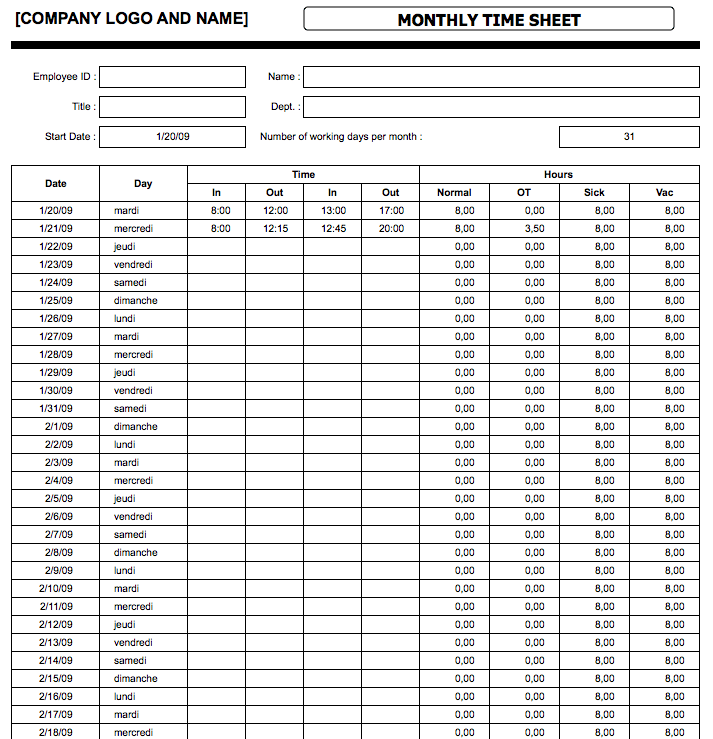 Simple Timesheets monthly