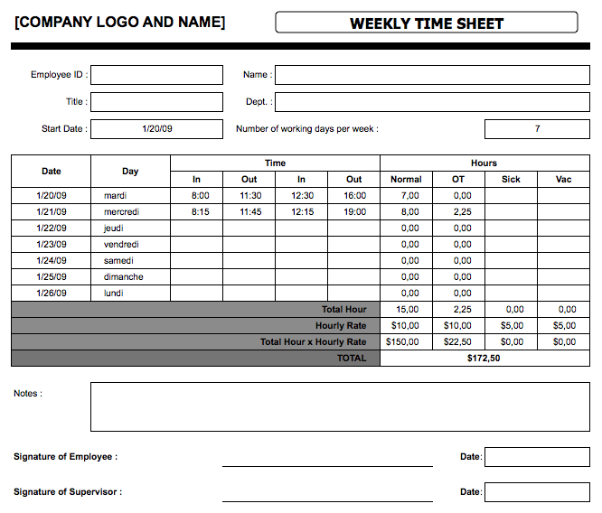 Simple Timesheets weekly