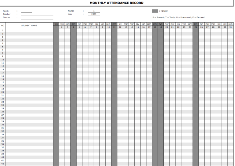 Student Attendance Sheet Weekly Monthly