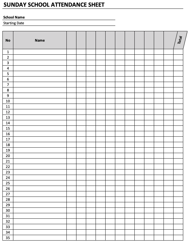 Sunday School Attendance Sheet Portrait Simple