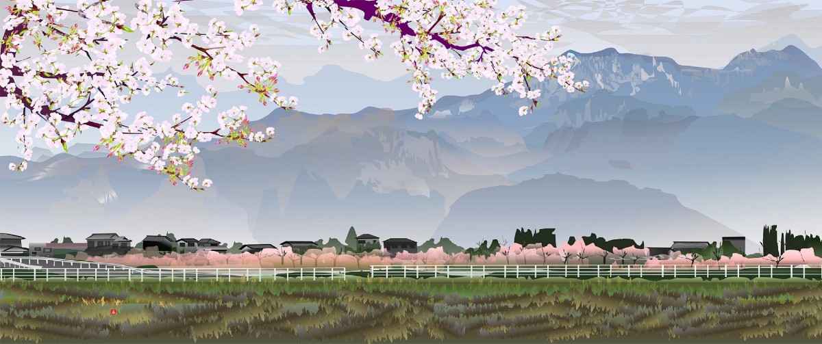 Tatsuo Horiuchi's Japanese scenery with blossoming tree and mountains drawn in Excel Tatsuo Horiuchi's Japanese scenery with blossoming tree and mountains drawn in Excel