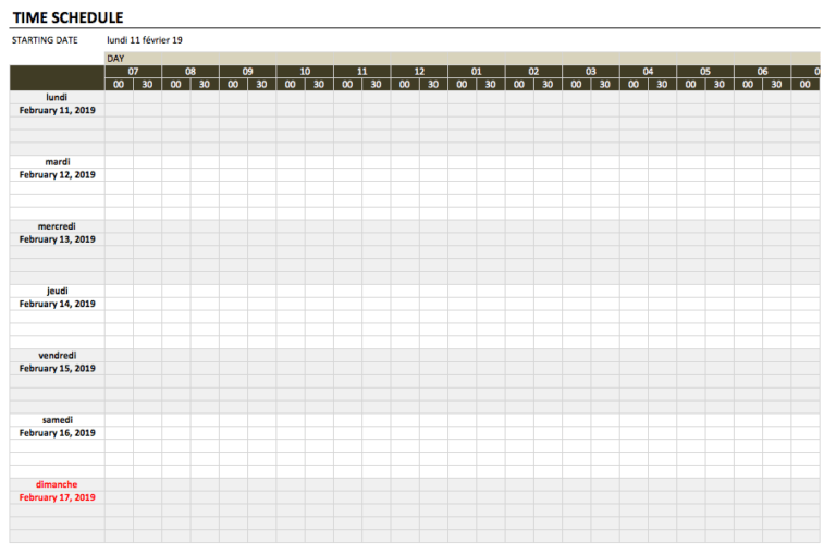 Time Schedule Template 30min
