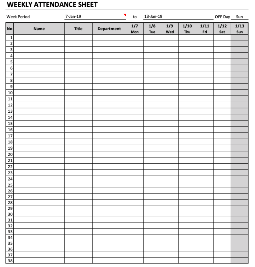 Weekly Attendance Sheet Chart