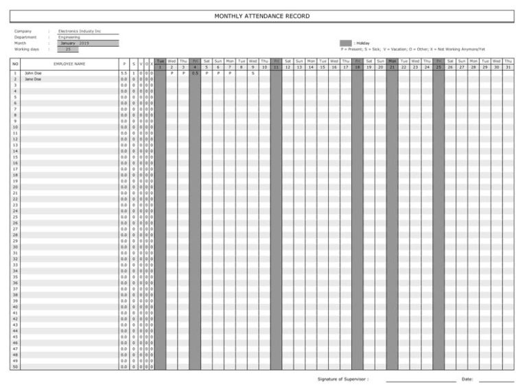 employee attendance calendar one month